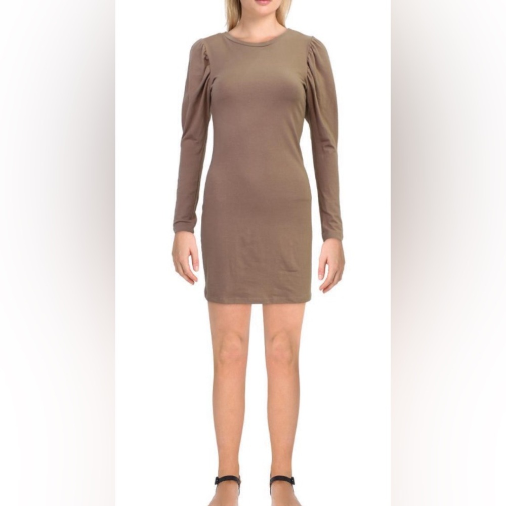 NWOT Aqua Tee Shirt Dress Puff Sleeves Midi Stretch Brown